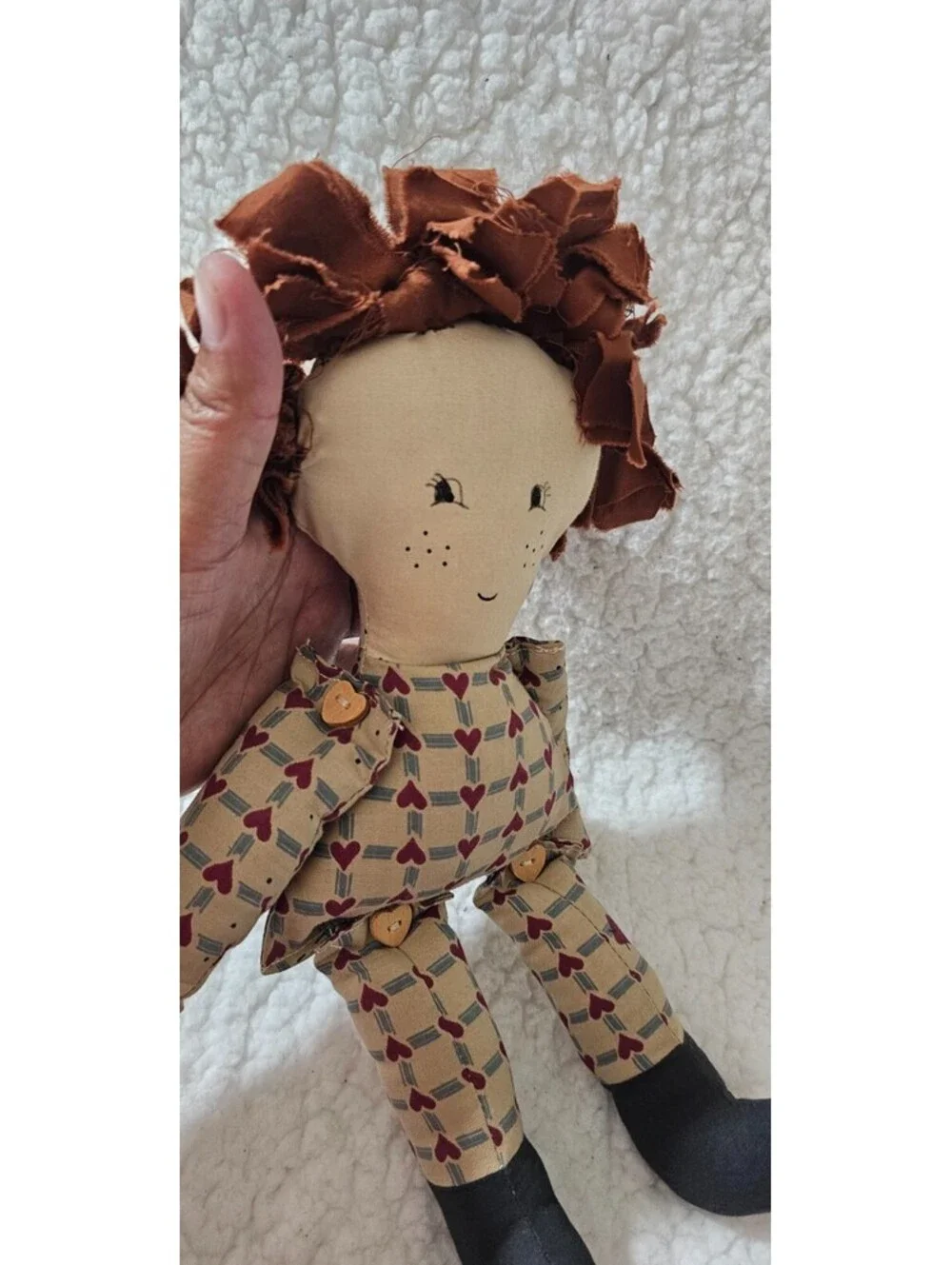 Handmade Girl Doll Plush Toy Hearts Wild Hair Buttons Moving Arms & Legs 12